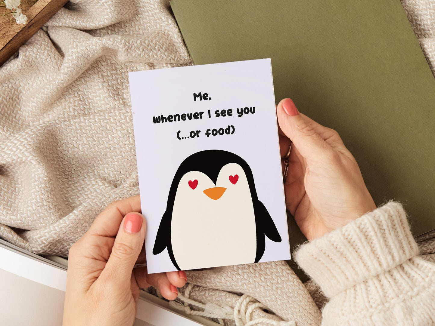 Anniversary card which reads 'me whenever I see you (or food)'. It has an illustration of a penguin with hearts as eyes.