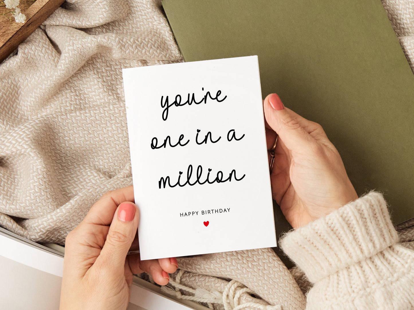 A heartfelt birthday card with the message "You're one in a million. Happy birthday." Featuring a simple yet meaningful design, this card is perfect for celebrating someone special. Printed on high-quality card stock and includes a white envelope.