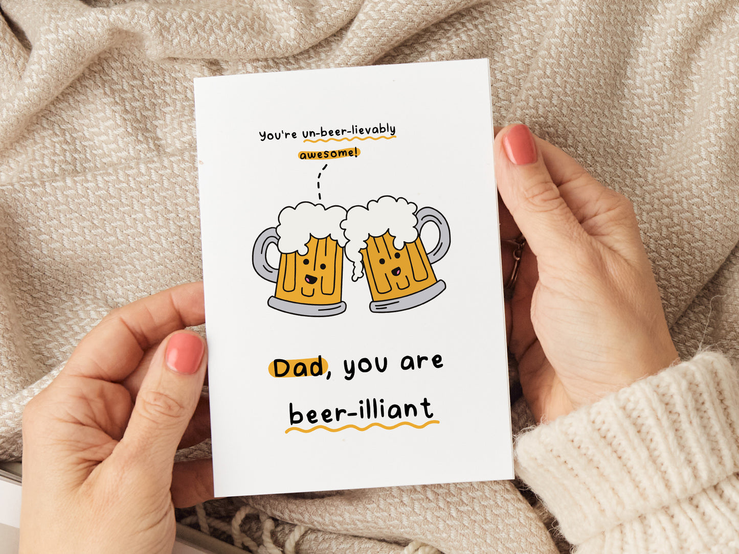 Dad card which reads 'dad, you are beer-illiant' with an illustration of two beers.