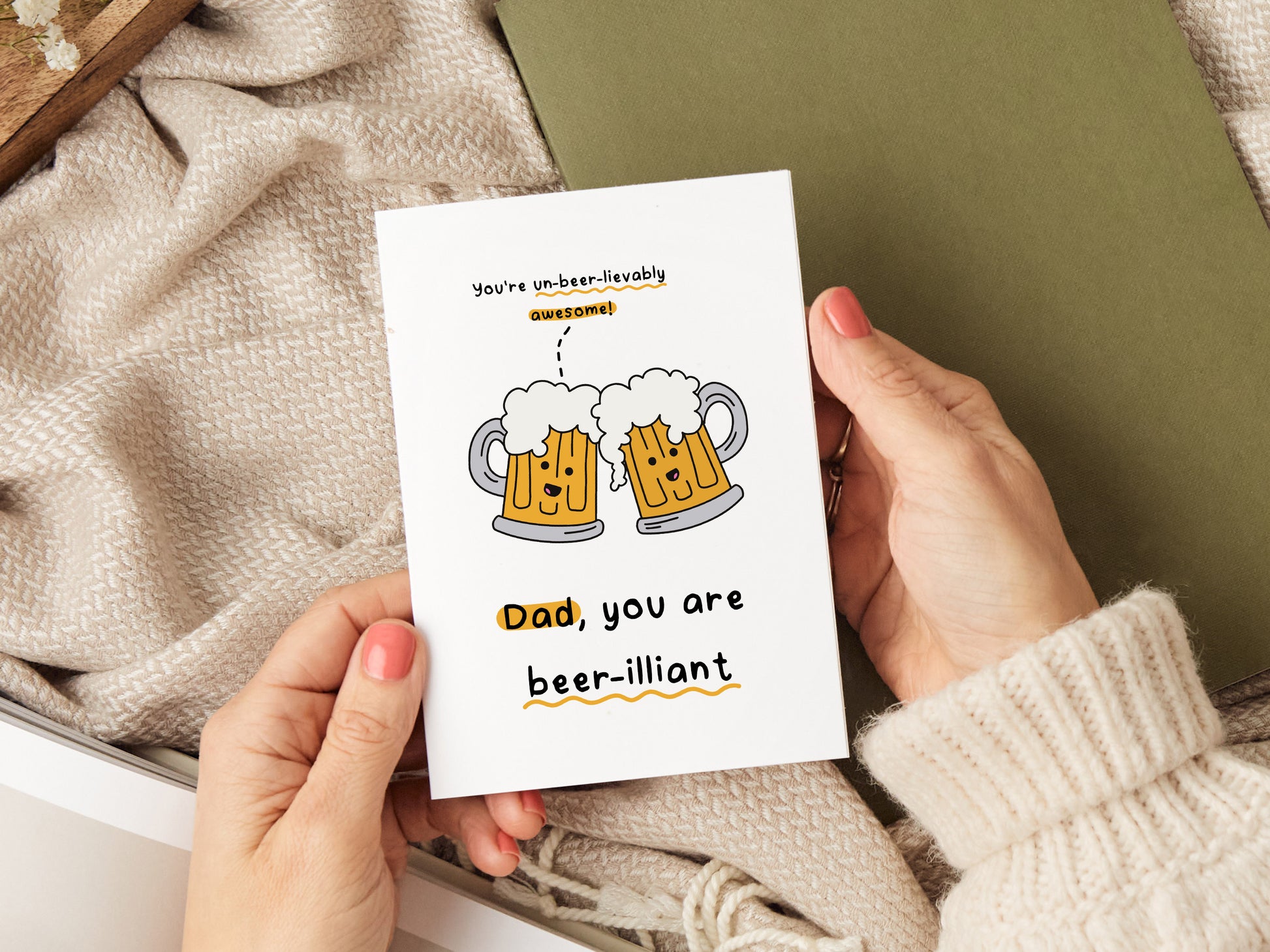 Dad card which reads 'dad, you are beer-illiant' with an illustration of two beers.