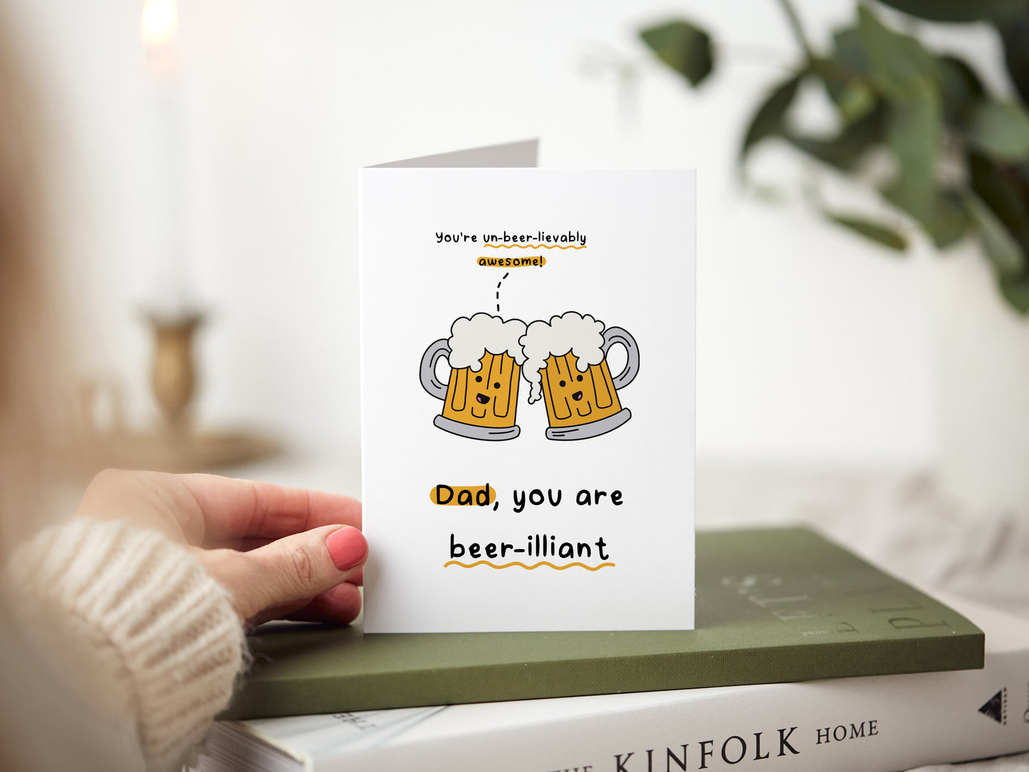 Dad card which reads 'dad, you are beer-illiant' with an illustration of two beers.