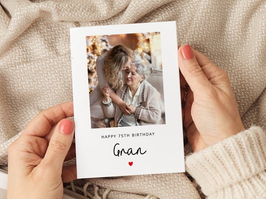 Gran birthday card which reads 'happy birthday gran' and is personalised with a photo.