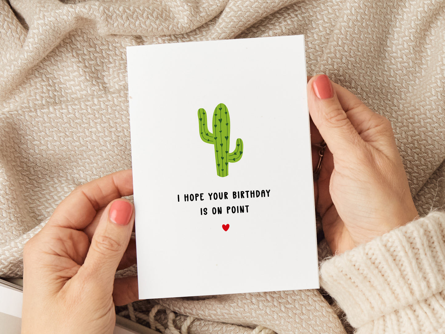 Birthday card which reads 'I hope your birthday is on point' with a cartoon illustration of a cactus.