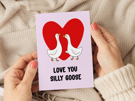 Anniversary card which reads 'love you silly goose' with an illustration of two geese and a heart.