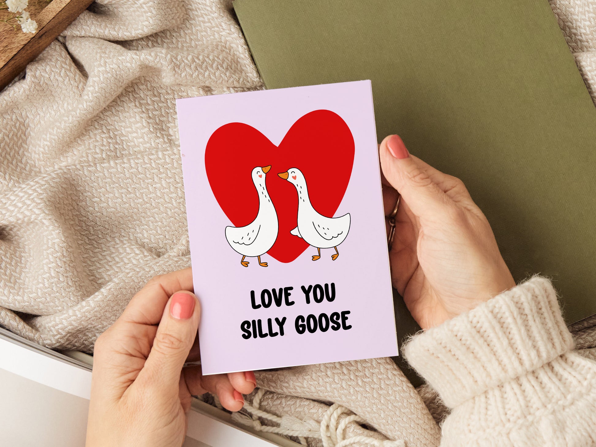 Anniversary card which reads 'love you silly goose' with an illustration of two geese and a heart.