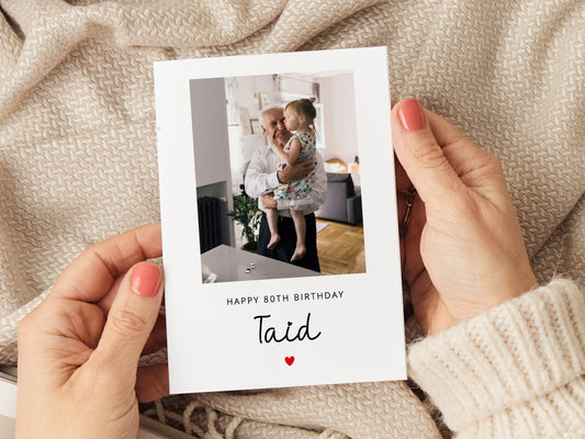 Taid birthday card which reads 'happy birthday taid', personalised with a photo.