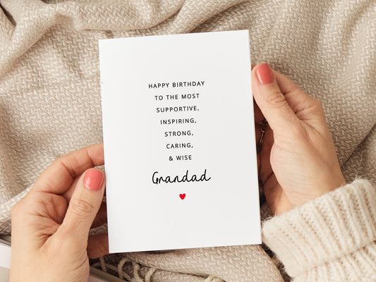 Grandad birthday card which reads 'happy birthday to the most supportive, inspiring, strong, caring and wise grandad'.