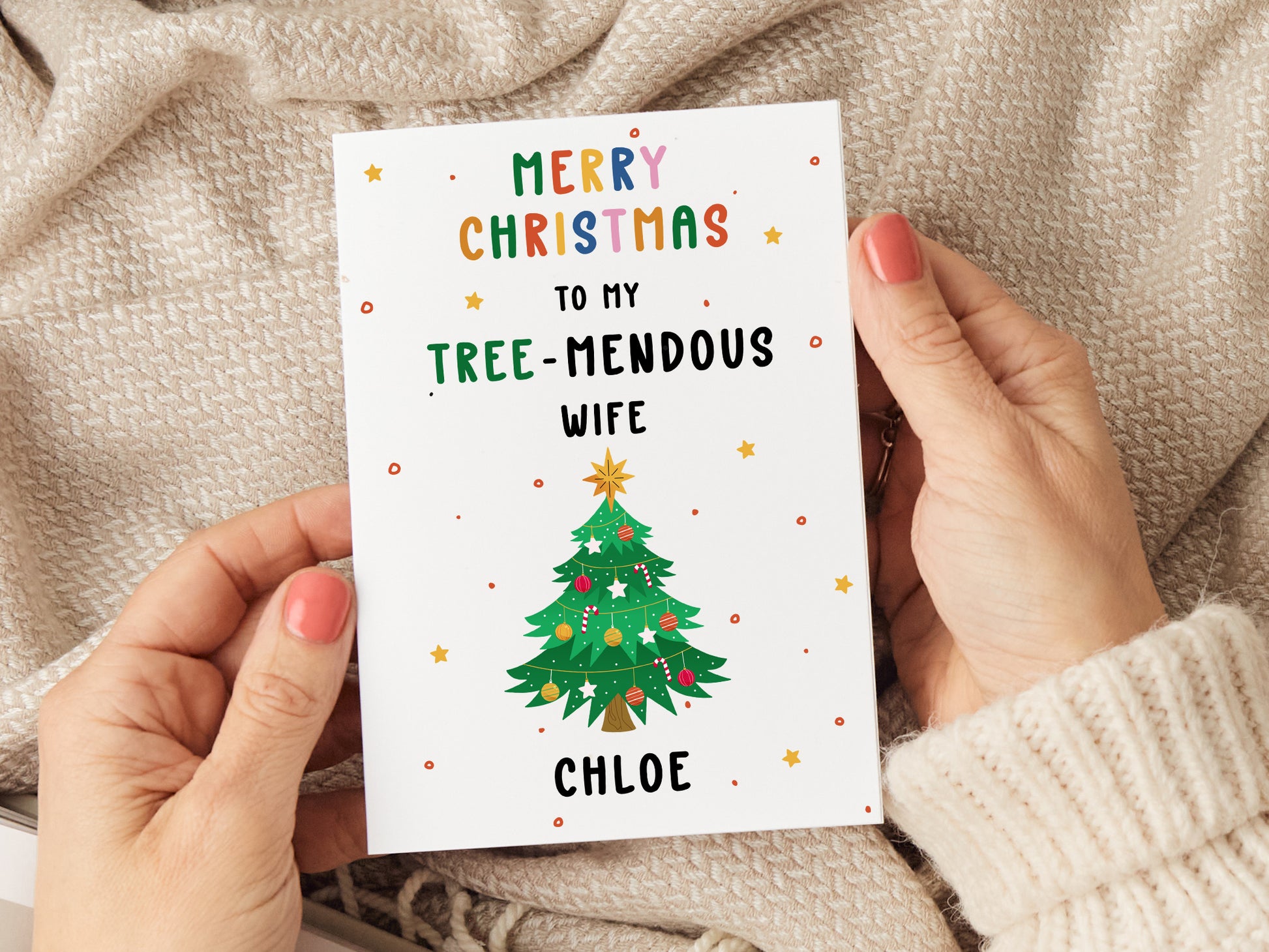 Wife Christmas card which reads 'merry Christmas to my tree-mendous wife (name)' with an illustration of a Christmas tree.