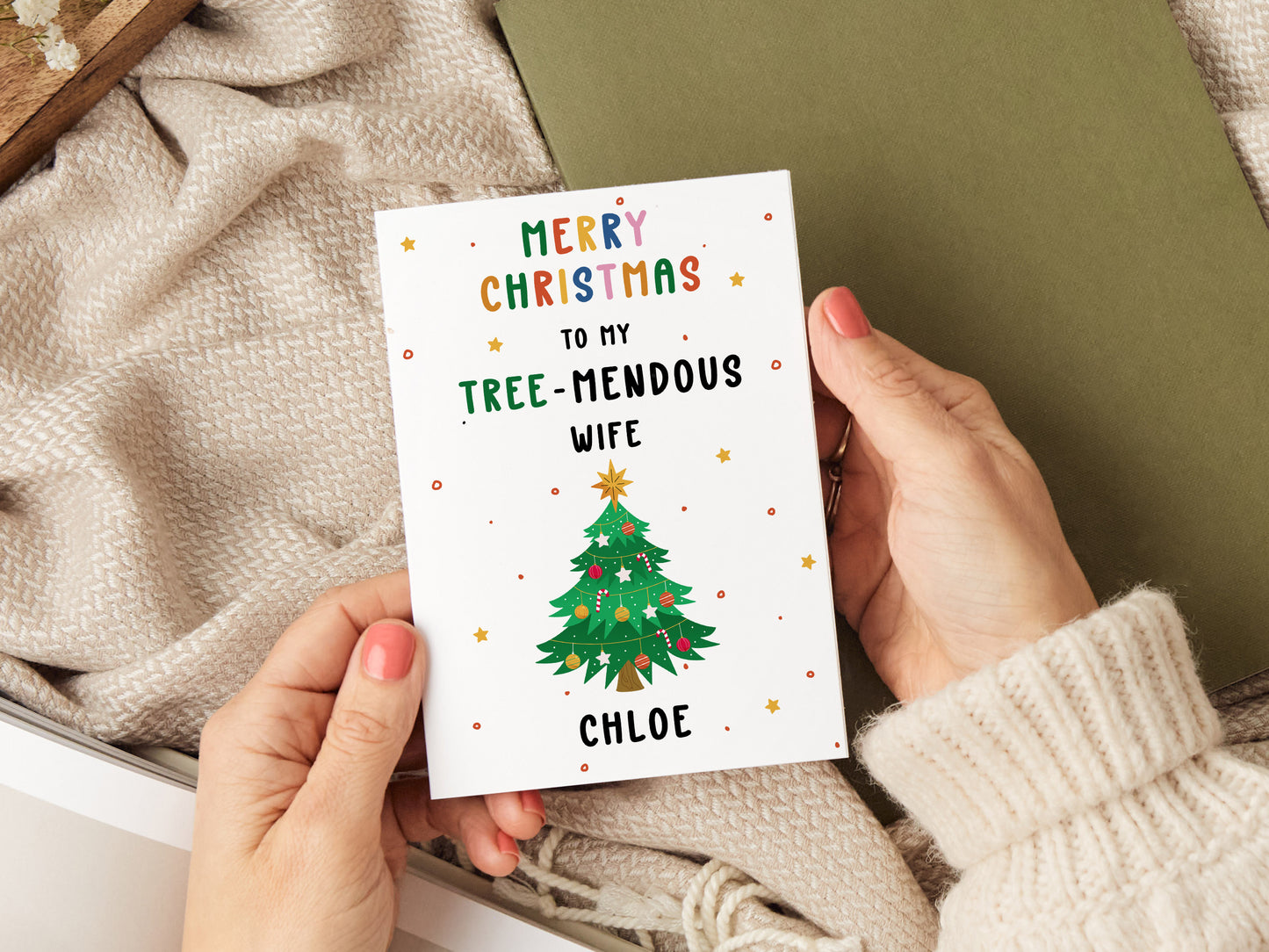 Wife Christmas card which reads 'merry Christmas to my tree-mendous wife (name)' with an illustration of a Christmas tree.