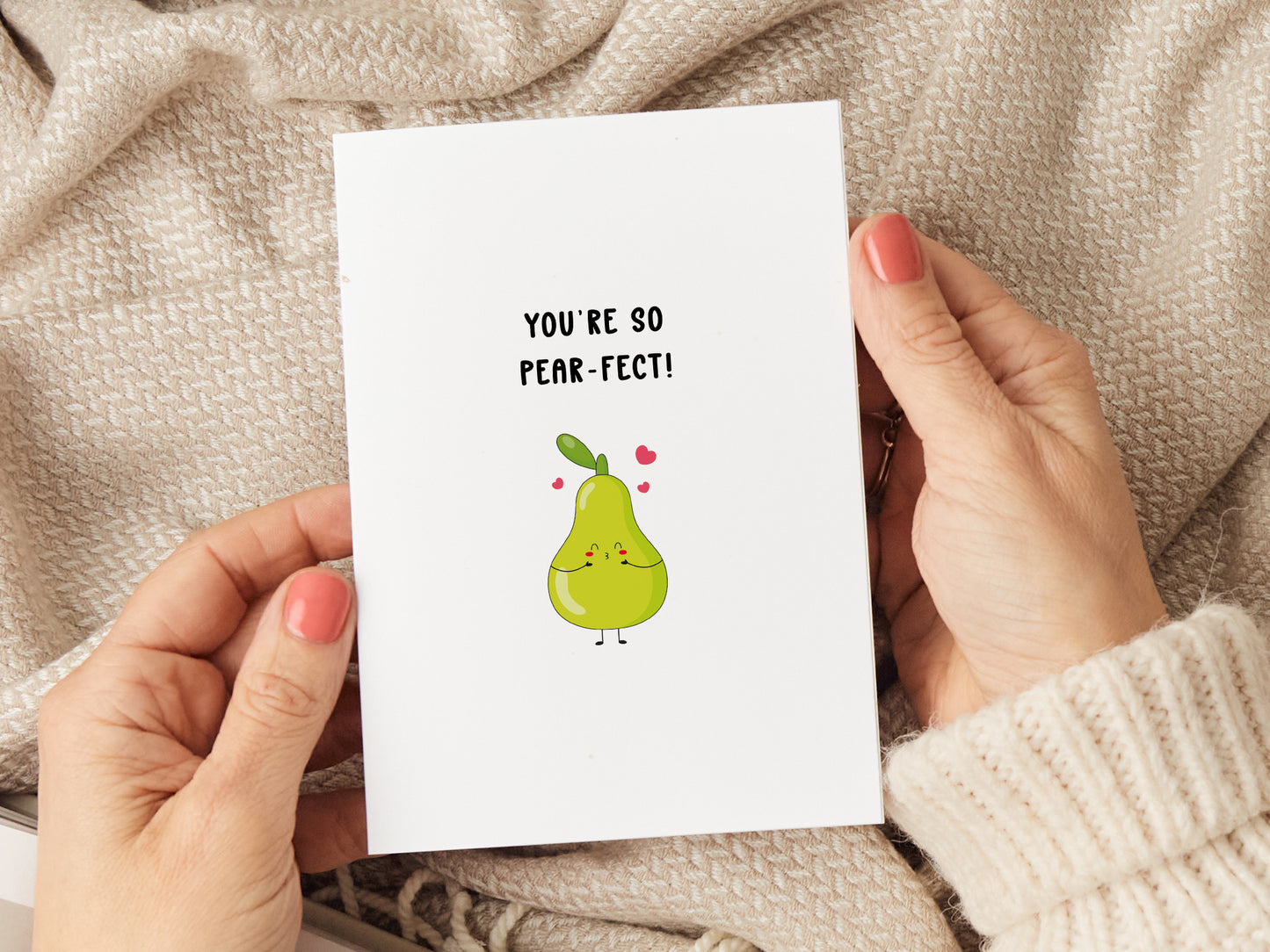 Anniversary card which reads 'you're so pear-fect' and has a cartoon illustration of a pear.